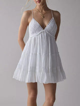 Sexy V Neck Eyelet Floral Tiered Babydoll Resort Slip Mini Dress