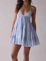 Sexy V Neck Eyelet Floral Tiered Babydoll Resort Slip Mini Dress
