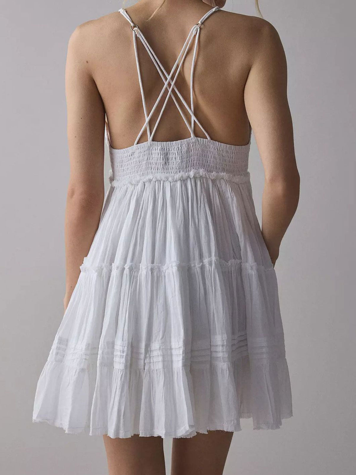 Sexy V Neck Eyelet Floral Tiered Babydoll Resort Slip Mini Dress