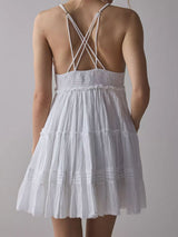 Sexy V Neck Eyelet Floral Tiered Babydoll Resort Slip Mini Dress