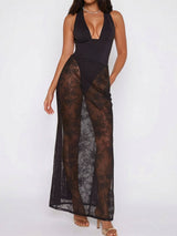 Sheer Lace Floral Skirt Crisscross Deep V Brazilian Two Piece Swimsuit