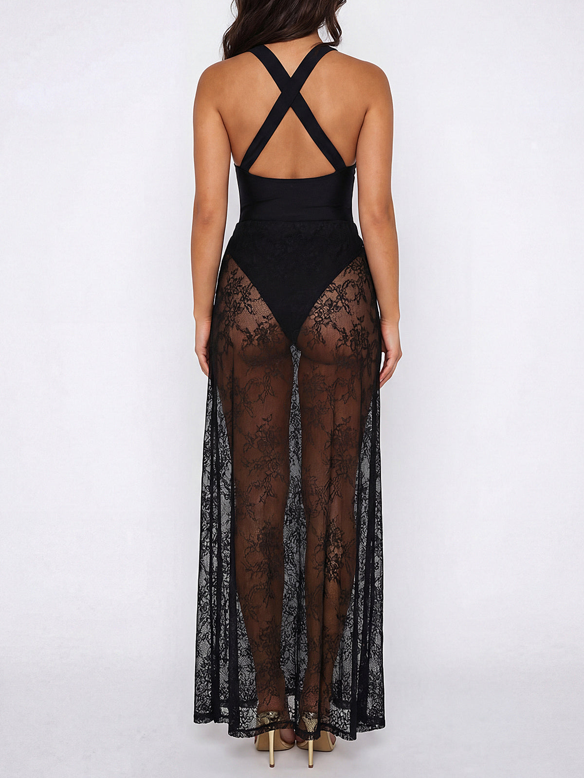 Sheer Lace Floral Skirt Crisscross Deep V Brazilian Two Piece Swimsuit