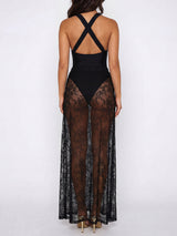 Sheer Lace Floral Skirt Crisscross Deep V Brazilian Two Piece Swimsuit