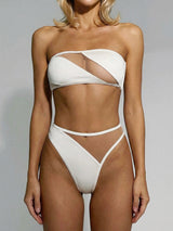 Sheer Mesh Panel High Cut Cheeky Sexy Bandeau Two Piece Bikini Set