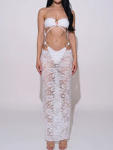 Sheer Skirt Sparkly Ring High Cut Bow Tie Bandeau Three Piece Bikini Set
