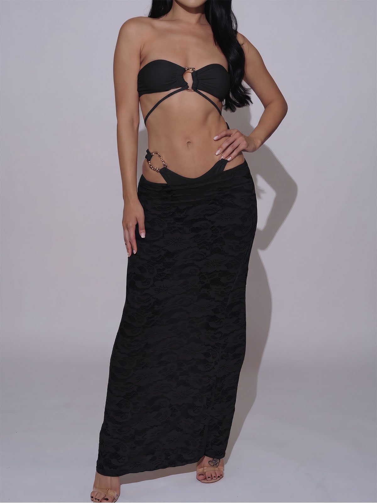 Sheer Skirt Sparkly Ring High Cut Bow Tie Bandeau Three Piece Bikini Set