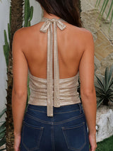 Sparkly Metallic Grid Draped Cowl Neck Resort Halter Tie Crop Top