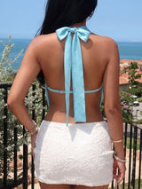 Sparkly Metallic Seashell Charm Resort Draped Keyhole Halter Top