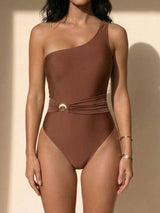 Sparkly Metallic Seashell Cheeky One Shoulder One Piece Swimsuit