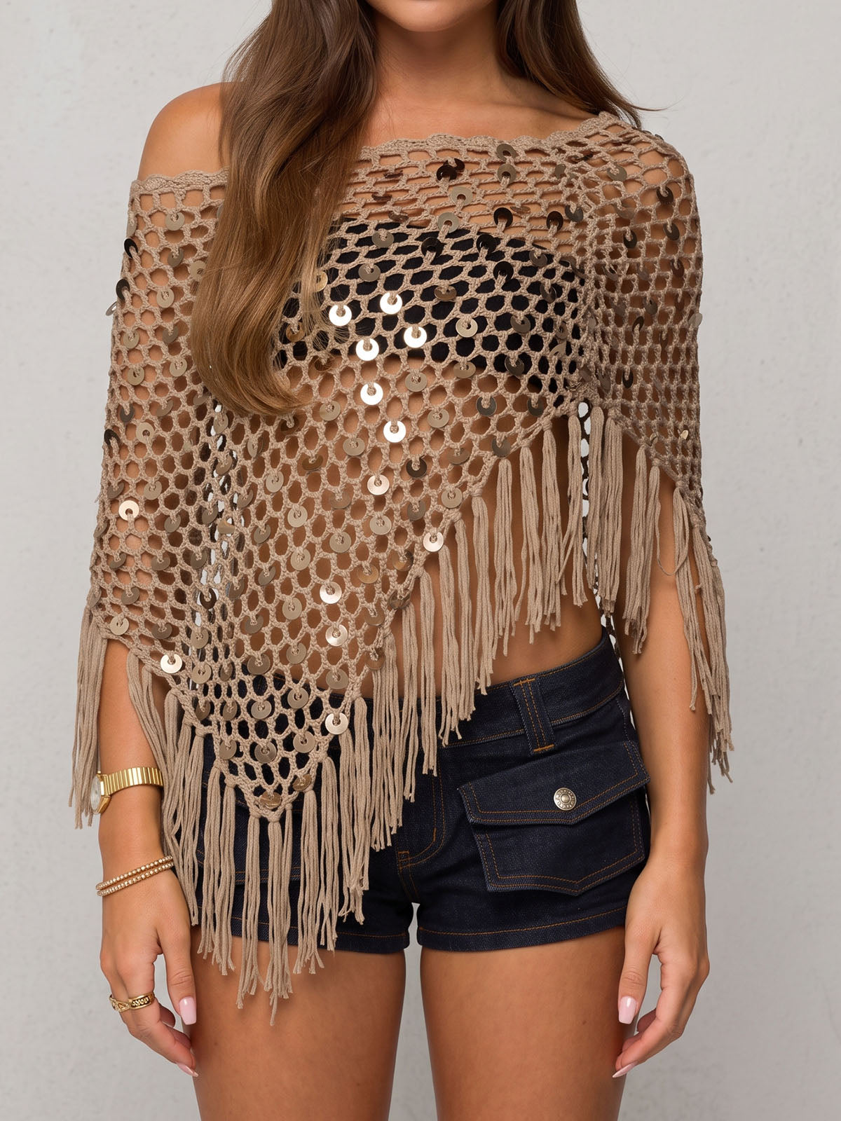 Sparkly Sequin Boat Neck Macrame Fringe Resort Crochet Knit Poncho Top