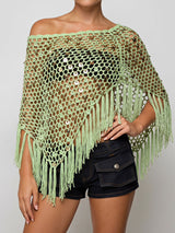 Sparkly Sequin Boat Neck Macrame Fringe Resort Crochet Knit Poncho Top