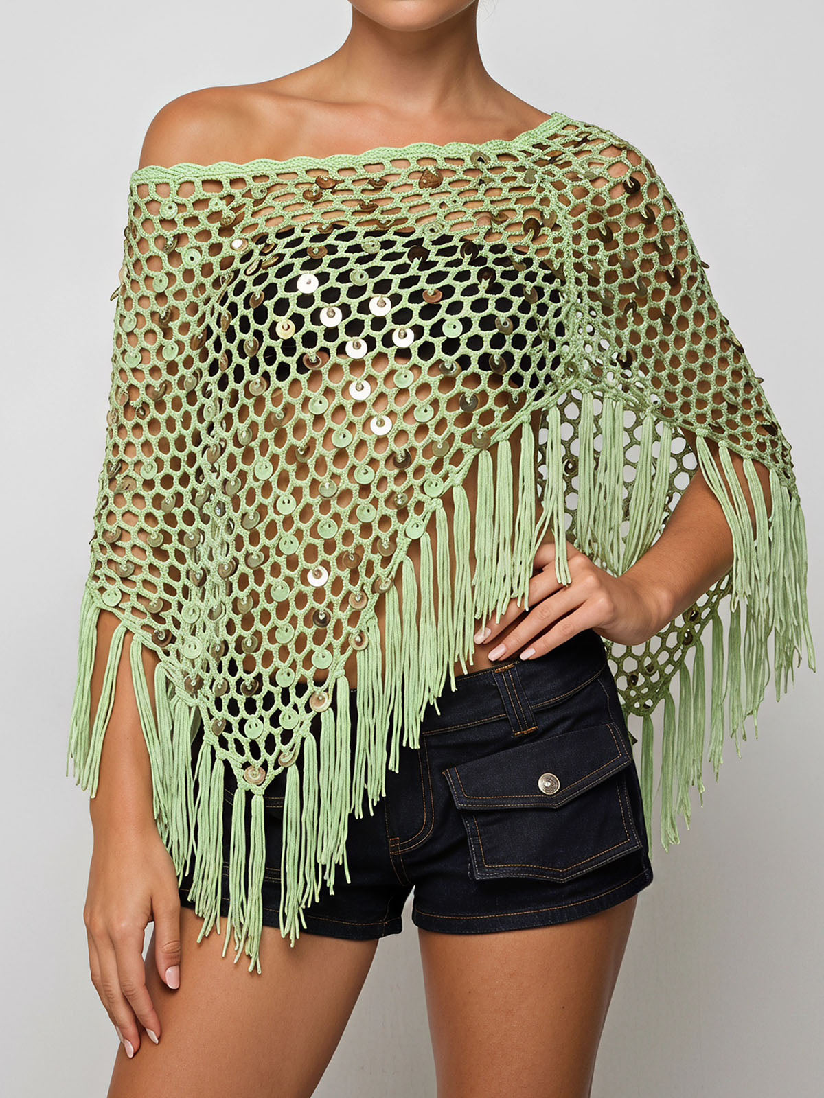 Sparkly Sequin Boat Neck Macrame Fringe Resort Crochet Knit Poncho Top