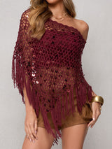 Sparkly Sequin Boat Neck Macrame Fringe Resort Crochet Knit Poncho Top