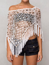 Sparkly Sequin Boat Neck Macrame Fringe Resort Crochet Knit Poncho Top