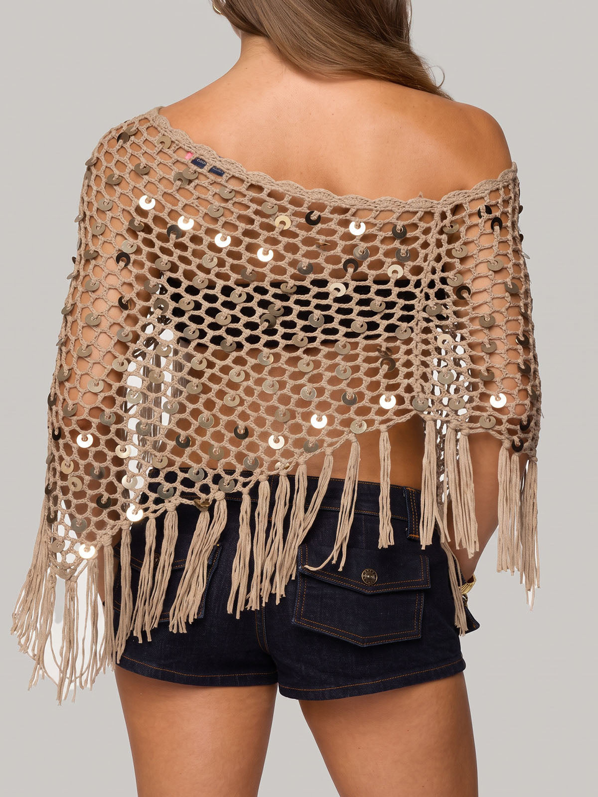 Sparkly Sequin Boat Neck Macrame Fringe Resort Crochet Knit Poncho Top