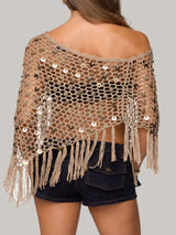Sparkly Sequin Boat Neck Macrame Fringe Resort Crochet Knit Poncho Top