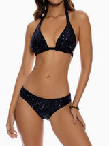 Sparkly Sequin Ruffle Scrunch Brazilian Halter Two Piece Bikini Set
