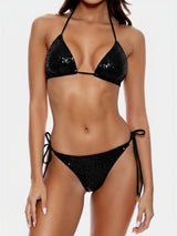 Sparkly Sequin Ruffle Tie Side Brazilian Triangle Two Piece Bikini Set