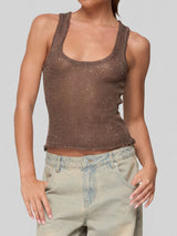 Sparkly Sequin Scoop Neck Resort Roll Hem Knit Tank Crop Top