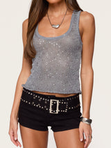 Sparkly Sequin Scoop Neck Resort Roll Hem Knit Tank Crop Top