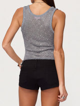 Sparkly Sequin Scoop Neck Resort Roll Hem Knit Tank Crop Top