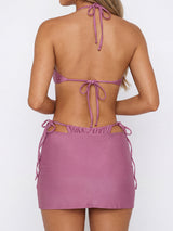 Sparkly Cover Up Tie Side Ruched Halter Three Piece Bikini Set