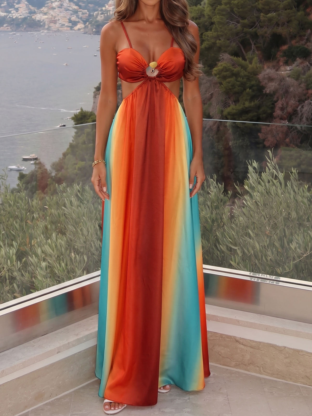 Sunset Ombré Print Sweetheart Cutout Resort Satin Cami Maxi Sun Dress