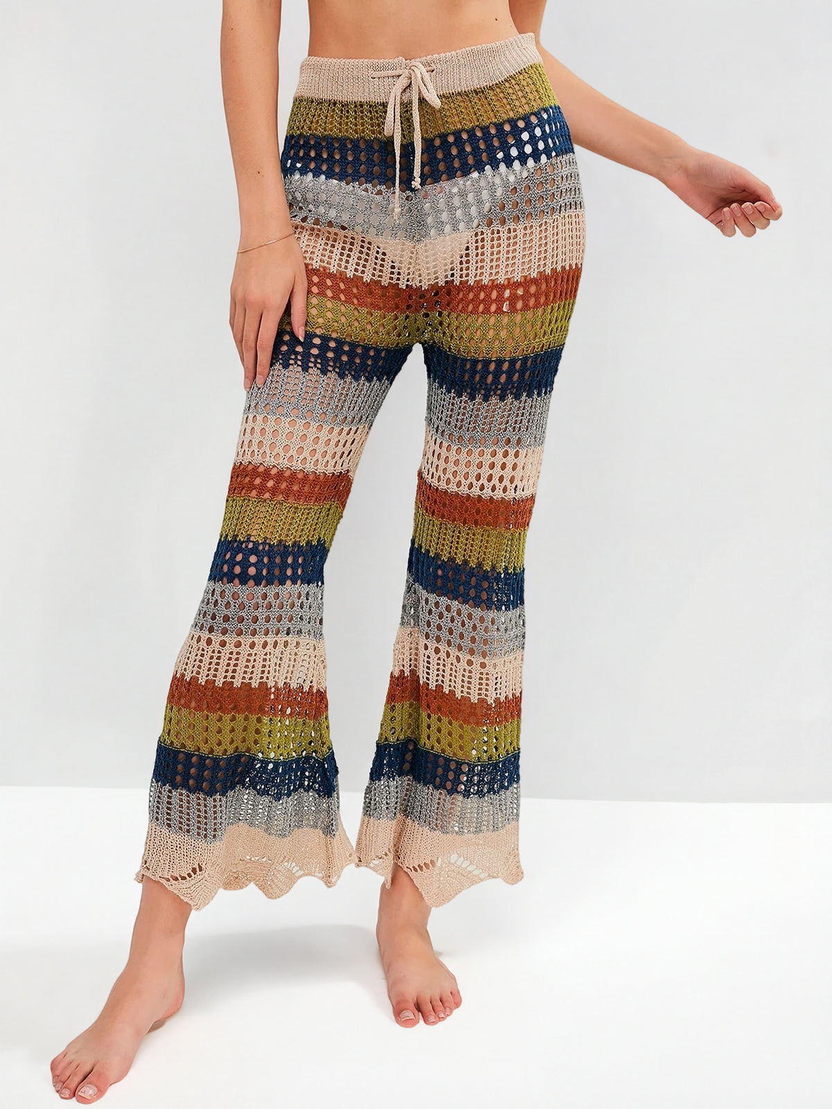 Sunset Striped Tie Waist Flare Leg Beach Crochet Knit Cover Up Pants