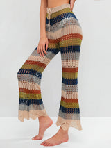 Sunset Striped Tie Waist Flare Leg Beach Crochet Knit Cover Up Pants