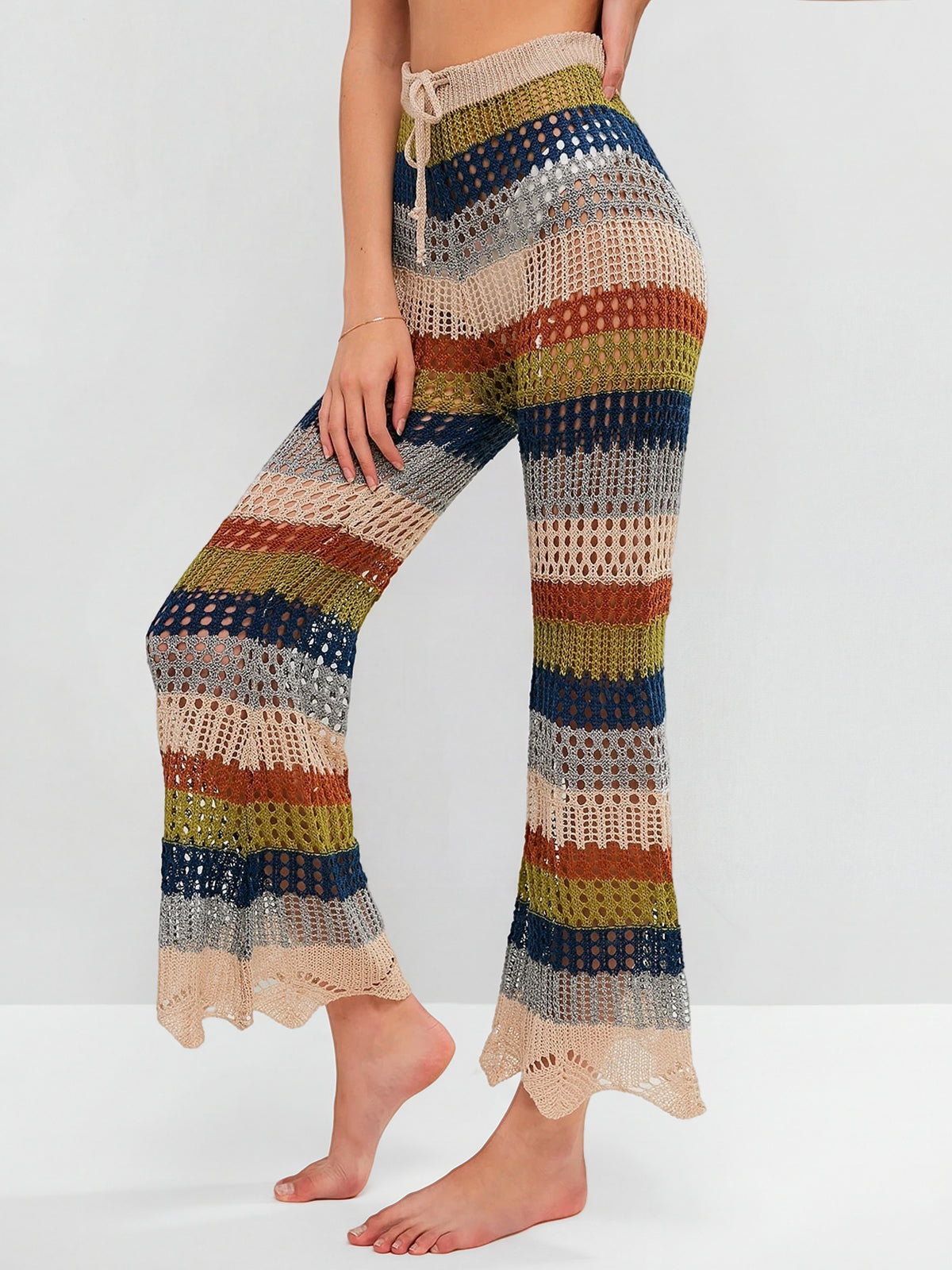 Sunset Striped Tie Waist Flare Leg Beach Crochet Knit Cover Up Pants