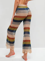 Sunset Striped Tie Waist Flare Leg Beach Crochet Knit Cover Up Pants