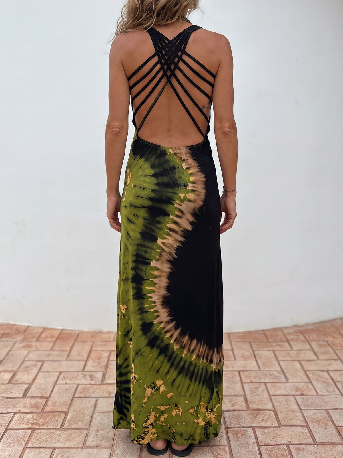 Tidal Tie Dye Print Criss Cross Back Resort Summer Tank Maxi Dress