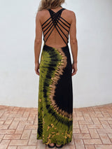 Tidal Tie Dye Print Criss Cross Back Resort Summer Tank Maxi Dress