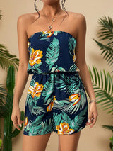 Tropical Floral Print Ruched Trim Resort Strapless Romper