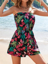 Tropical Floral Print Ruched Trim Resort Strapless Romper