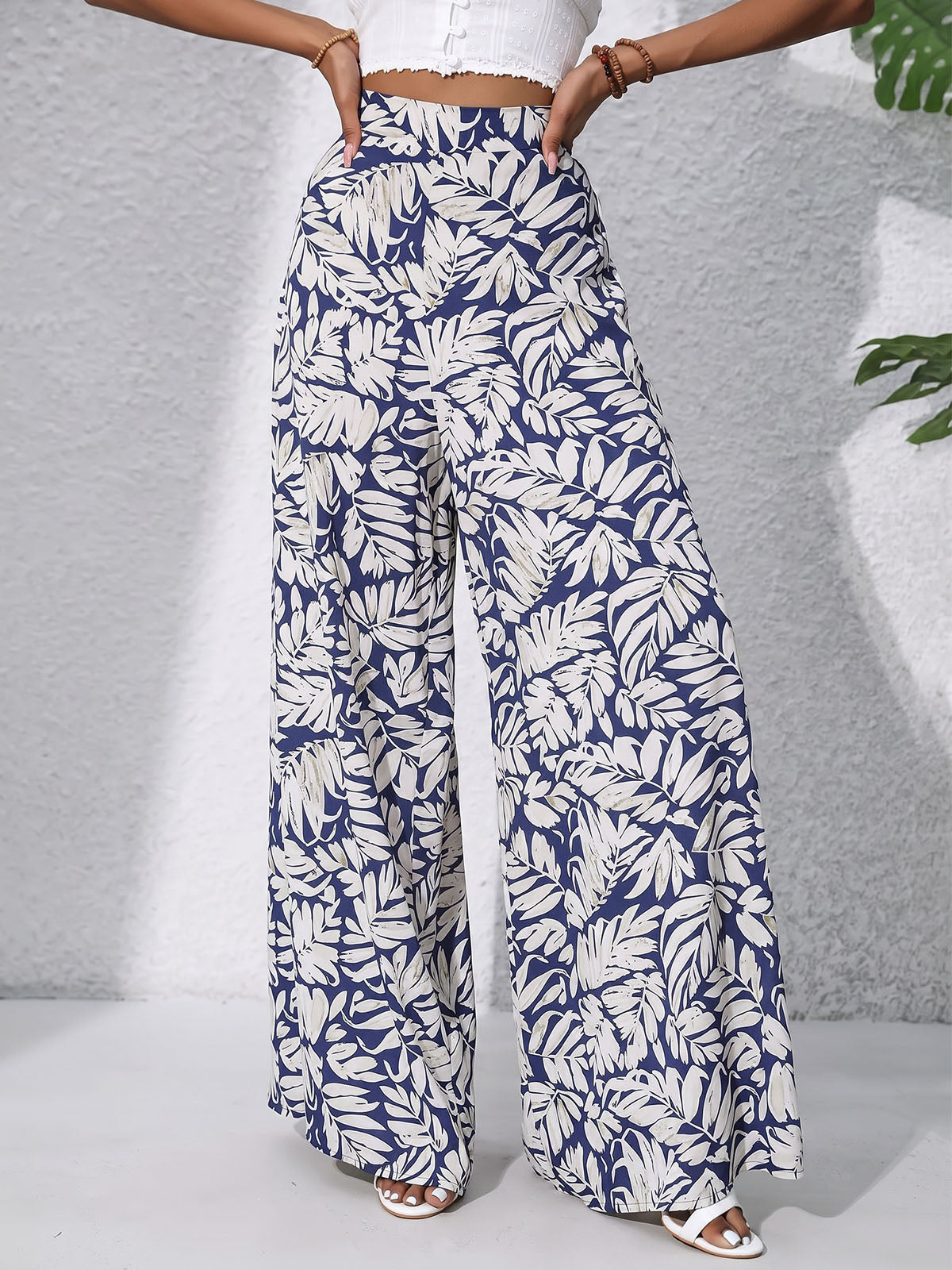 Tropical Leaf High Waisted Wide Leg Resort Chiffon Palazzo Pants