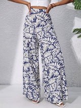Tropical Leaf High Waisted Wide Leg Resort Chiffon Palazzo Pants