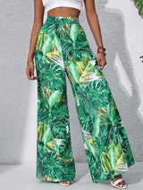 Tropical Leaf High Waisted Wide Leg Resort Chiffon Palazzo Pants