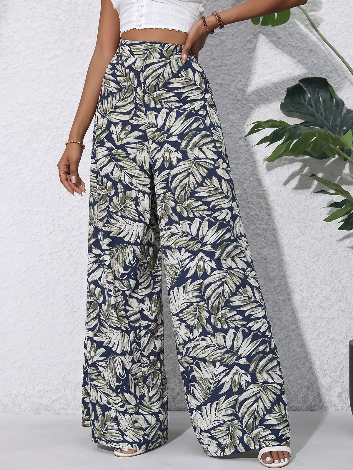 Tropical Leaf High Waisted Wide Leg Resort Chiffon Palazzo Pants