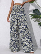 Tropical Leaf High Waisted Wide Leg Resort Chiffon Palazzo Pants