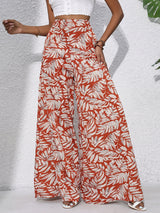 Tropical Leaf High Waisted Wide Leg Resort Chiffon Palazzo Pants