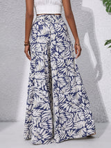 Tropical Leaf High Waisted Wide Leg Resort Chiffon Palazzo Pants