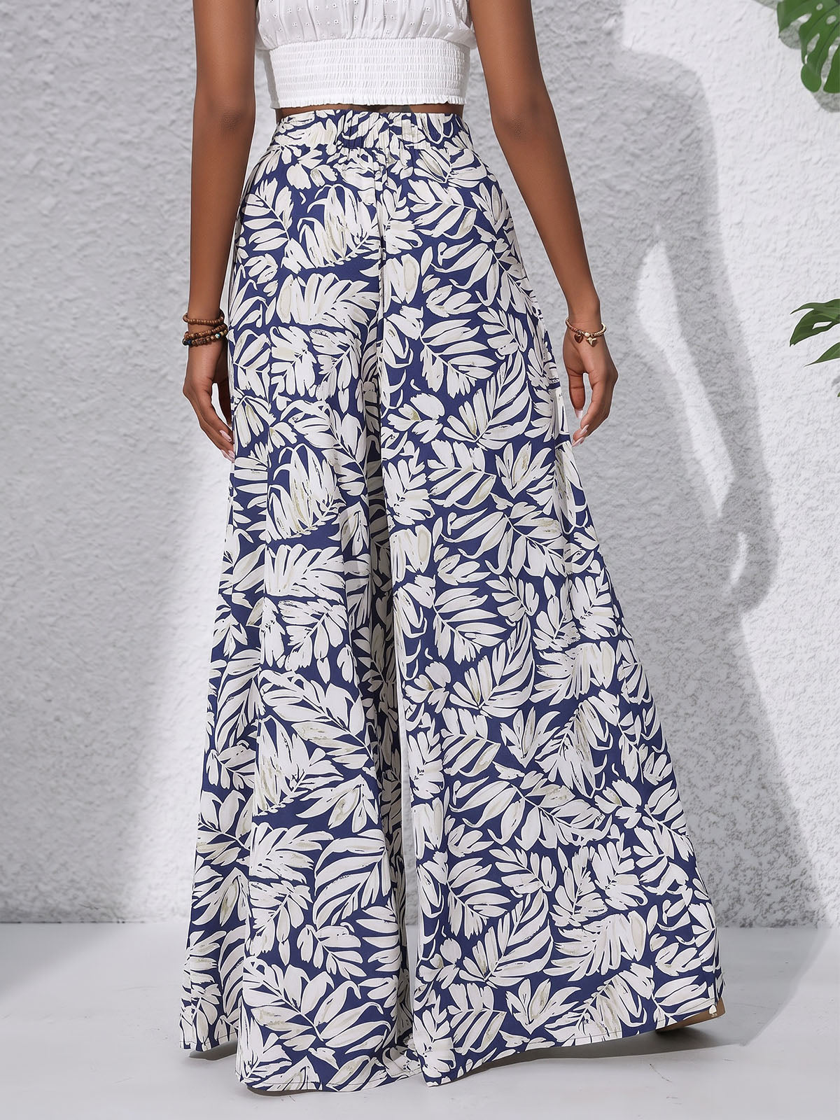 Tropical Leaf High Waisted Wide Leg Resort Chiffon Palazzo Pants