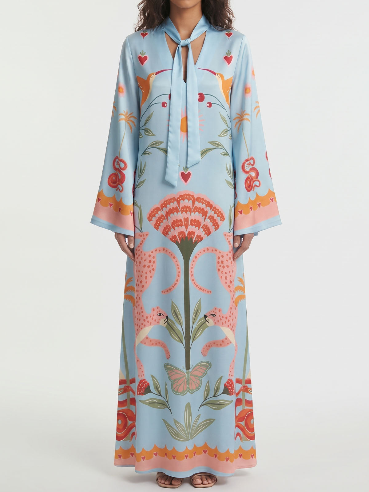Tropical Palm Tie Neck Wide Sleeve Resort Slit Satin Kaftan Maxi Dress