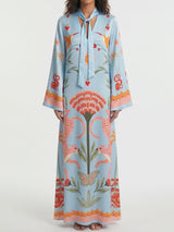 Tropical Palm Tie Neck Wide Sleeve Resort Slit Satin Kaftan Maxi Dress