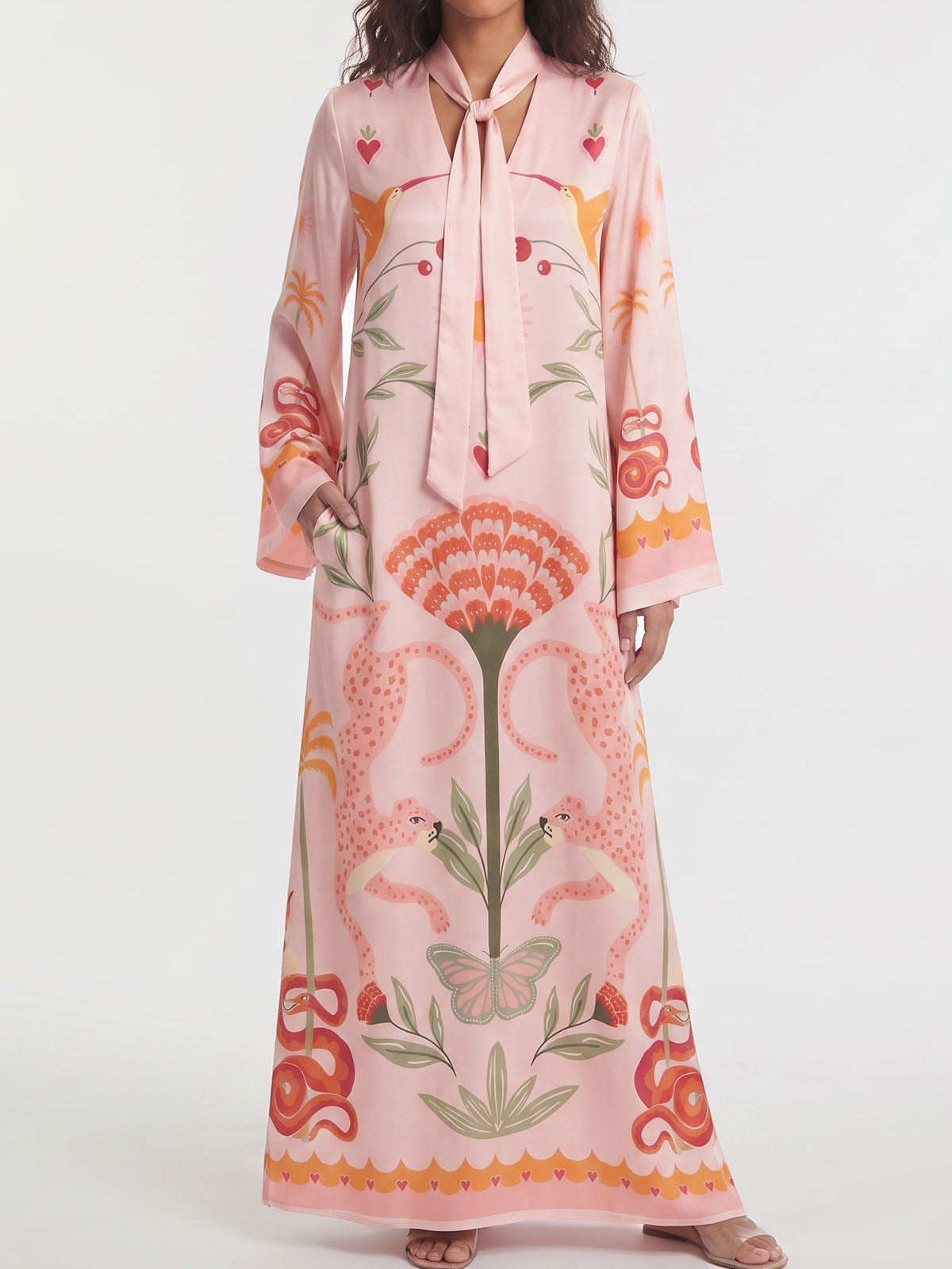 Tropical Palm Tie Neck Wide Sleeve Resort Slit Satin Kaftan Maxi Dress