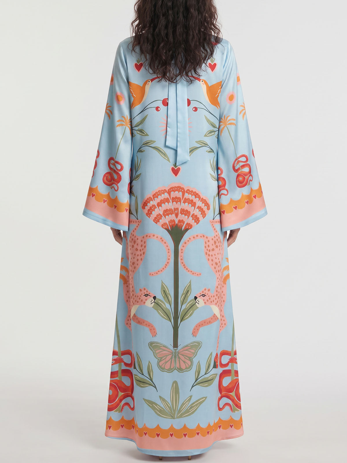 Tropical Palm Tie Neck Wide Sleeve Resort Slit Satin Kaftan Maxi Dress