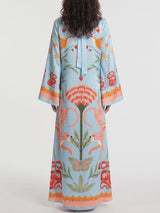 Tropical Palm Tie Neck Wide Sleeve Resort Slit Satin Kaftan Maxi Dress