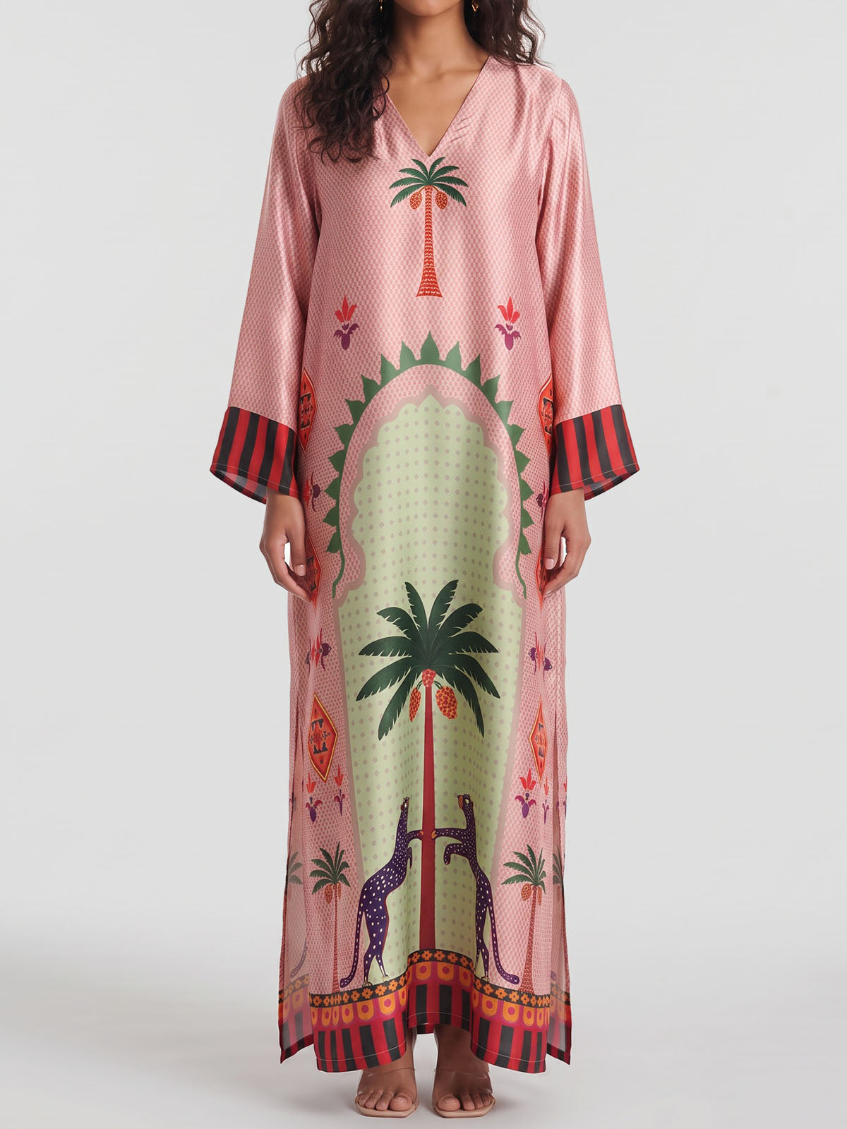 Tropical Palm V Neck Wide Sleeve Resort Slit Satin Kaftan Maxi Dress