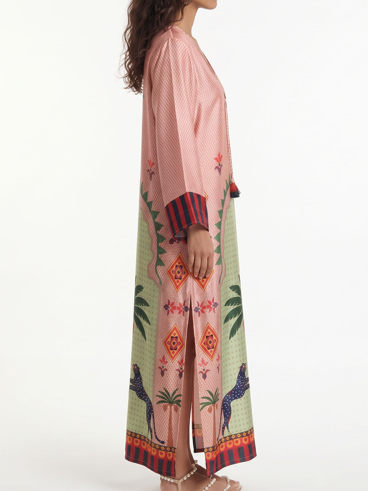 Tropical Palm V Neck Wide Sleeve Resort Slit Satin Kaftan Maxi Dress